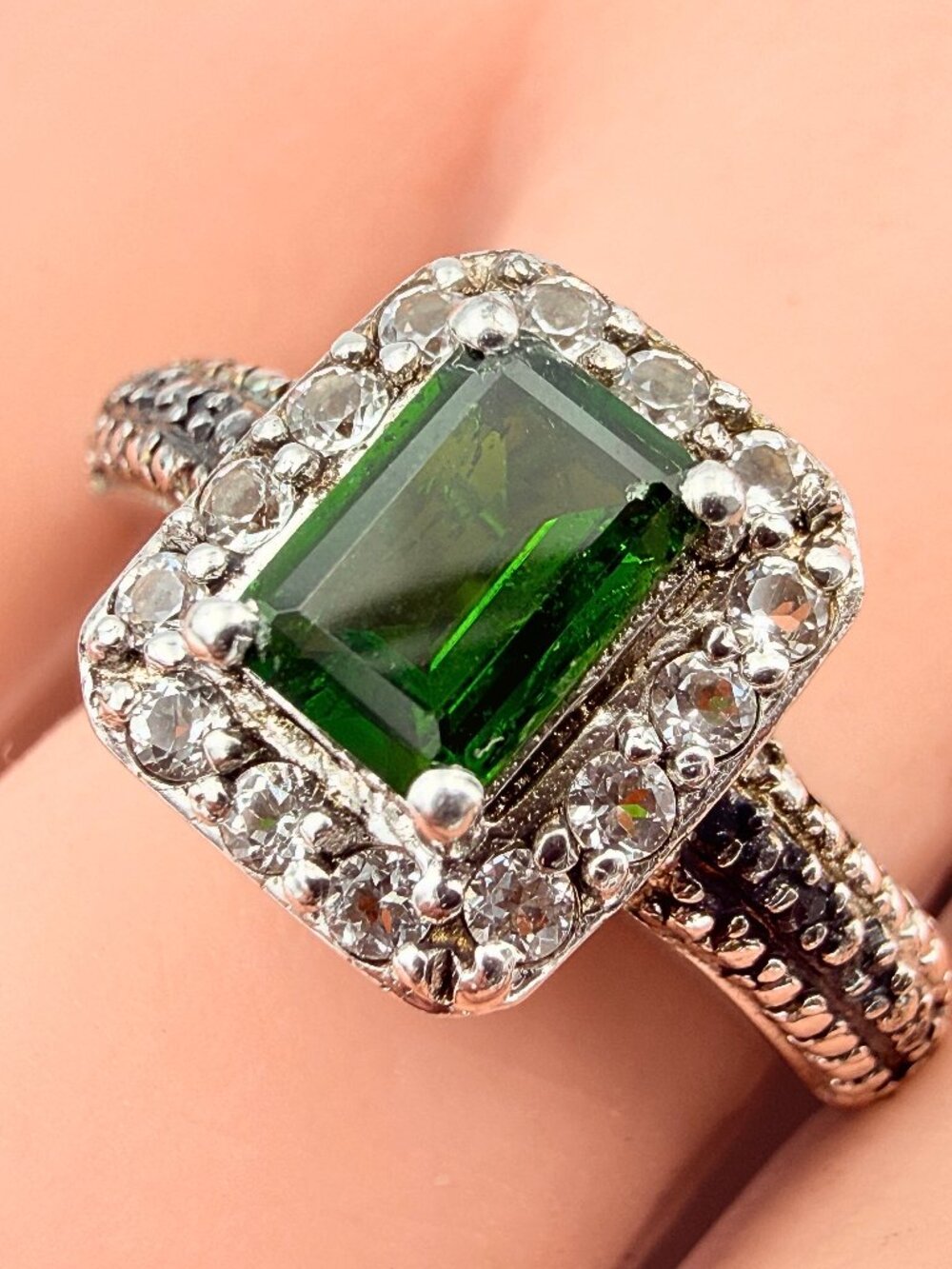 STS Marked Contemporary Sterling Silver Tourmaline CZ Halo Cocktail Ring Sz 9.75